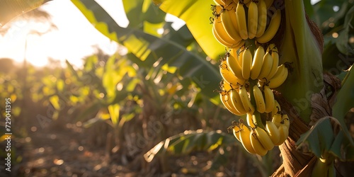 Ripe bananas hanging on a tree at sunset. golden hour in a tropical plantation. fresh, organic produce concept. agriculture and farming themed image. AI photo