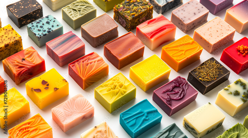 Artistic presentation of handmade soaps with vibrant flavors, meticulously arranged on a clean white background, Artistic presentation of handmade soaps with vibrant flavors, meticulously arranged on a clean white background,