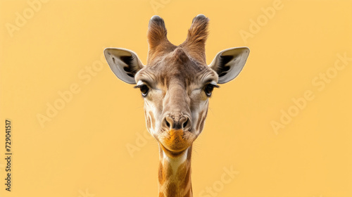 A curious giraffe gazing into the camera, set against a clean light yellow background © Veniamin Kraskov