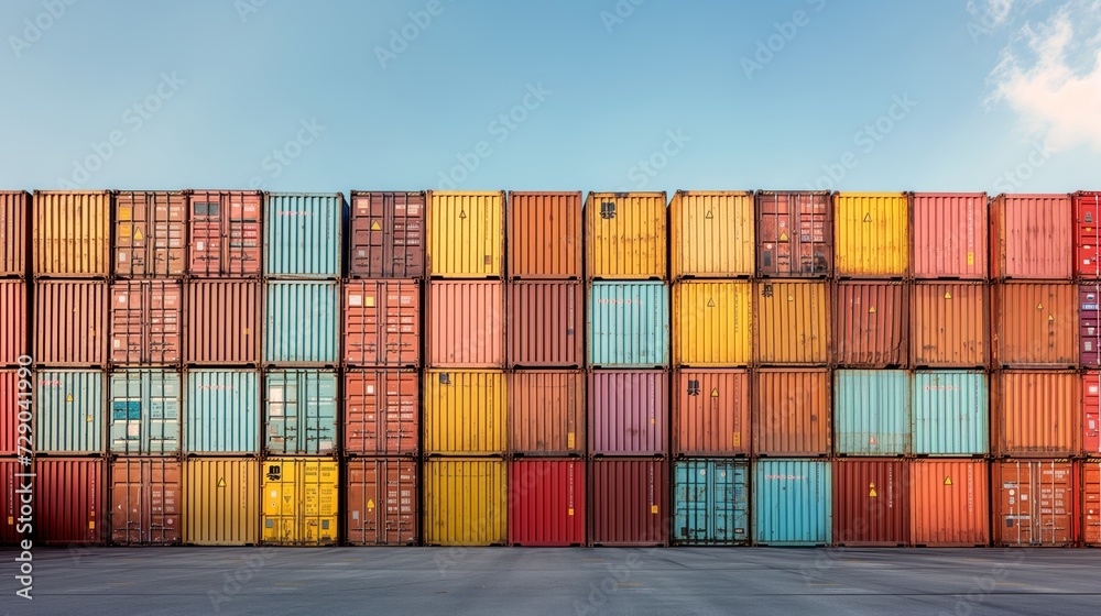 Colorful Stack of Shipping Containers Against a Blue Sky, Suitable for Logistics and Global Trade Colorful Stack of Shipping Containers Against a Blue Sky, Suitable for Logistics and Global Trade