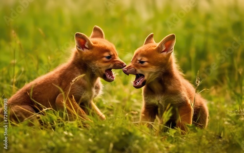 Wrestling in the Grass Playful Dhole Pups