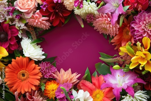 Floral composition on a purple background  space for text  concept of Valentine Day  Mother Day  Women Day  wedding day