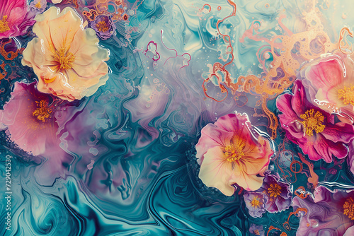 Generative AI Image of Watercolor Flowers Painting on Cool Fluid Texture Background