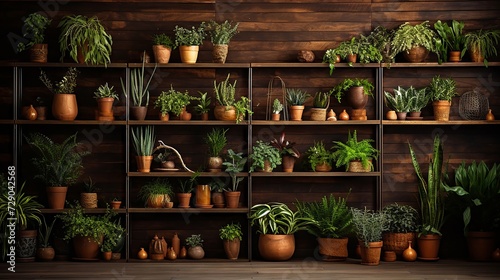 Warm wooden textured wall, a small indoor garden on shelving, in a homely atmosphere