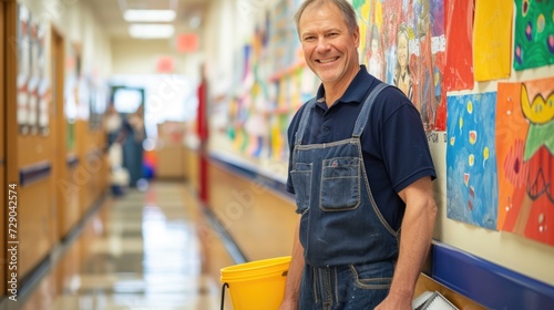 Smiling Janitor with Mop in Colorful School Hallway. photo