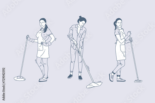 Set of outline illustrations of cleaning service