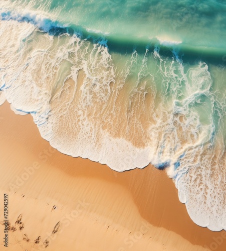 An aerial view of a beach with waves and people. Generative AI.