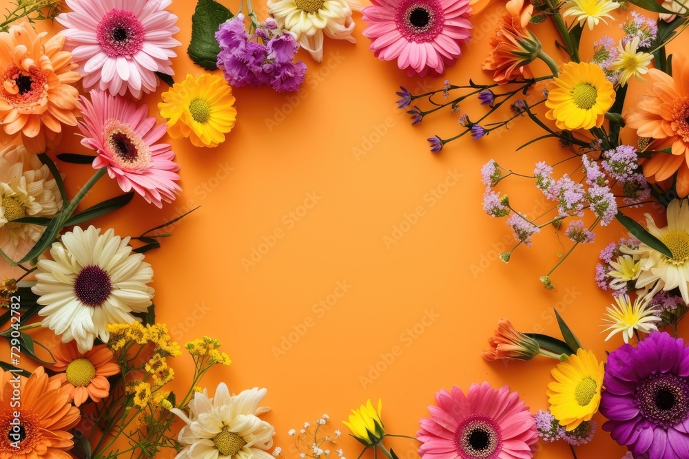 Obraz premium Floral composition on a orange background, space for text, concept of Valentine Day, Mother Day, Women Day, wedding day
