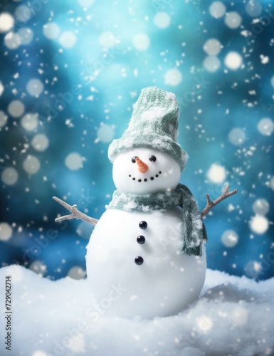 A snowman with a hat and scarf on a blue background. Generative AI. © serg3d
