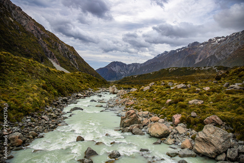 panorama of famous hooker valley trail from mount cook village to hooker lake  scenic hike in southern alps  canterbury  new zealand south island