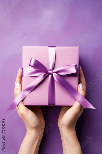 Hands holding a purple gift box on a purple background. Generative AI. © serg3d