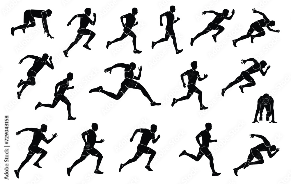 Male runners. Set of isolated vector silhouettes of male runners.