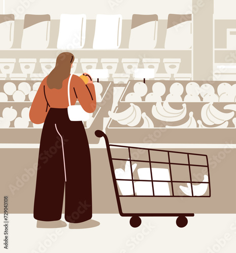 Customer with shopping cart, trolley in supermarket. Consumer choosing, buying fruits in grocery store, greengrocery department. Woman buyer, shopper character in hypermarket. Flat vector illustration