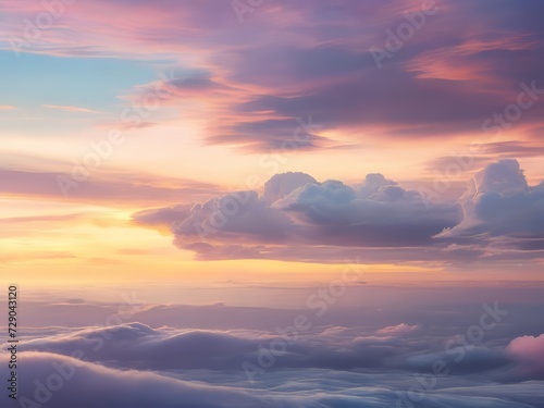 Un paisaje de ensueño de nubes de tonos pastel, que se mezclan suavemente con el horizonte a medida que el sol se pone detrás de ellas photo