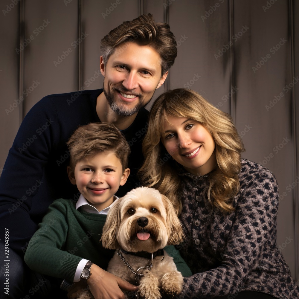 Portrait of a happy family, father, mother, son and dog. Valentine's Day as a day symbol of affection and love.