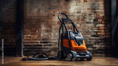 An industrial vacuum cleaner on a construction site, with a brick wall background, in soft daylight