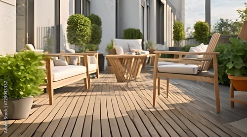 Backyard terrace with wooden floors and outdoor furniture