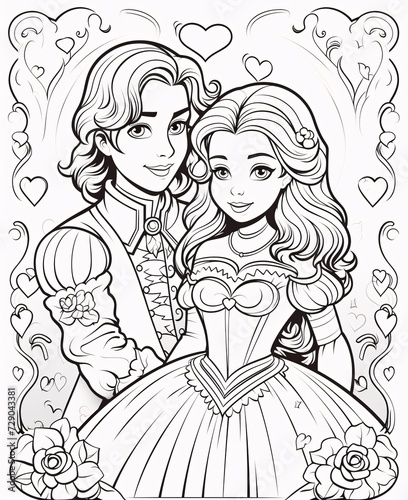 Black and white coloring sheet  a young prince and a princess. Valentine s Day as a day symbol of affection and love.