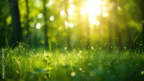 Defocused green trees in forest or park with wild grass and sun beams. Beautiful summer spring natural background. © panu101