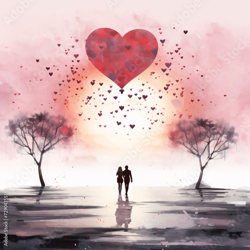 Silhouette of a couple in love around a tree at the top of a large heart. Valentine s Day as a day symbol of affection and love.