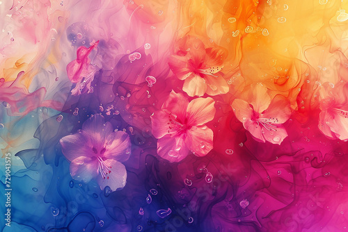 Generative AI Image of Watercolor Hibiscus Flowers Painting on Colorful Fluid Texture Background