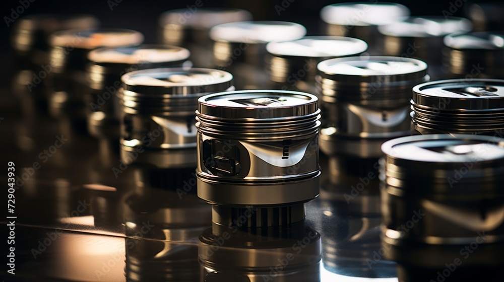 Precision engine pistons up close, with a warm light casting shadows, set in a somber scene Precision engine pistons up close, with a warm light casting shadows, set in a somber scene