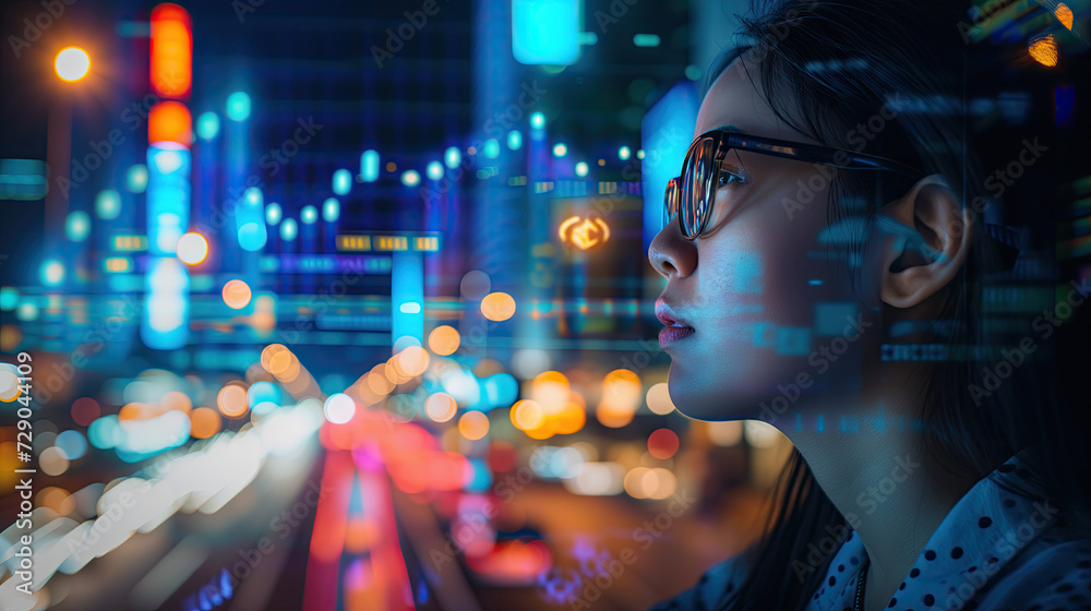 woman with data screen and cityscape in the background