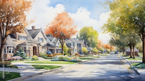 Suburban homes in warm sunlight, painted in a tranquil watercolor style, soft natural colors photo