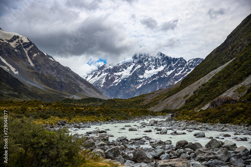 panorama of famous hooker valley trail from mount cook village to hooker lake, scenic hike in southern alps, canterbury, new zealand south island