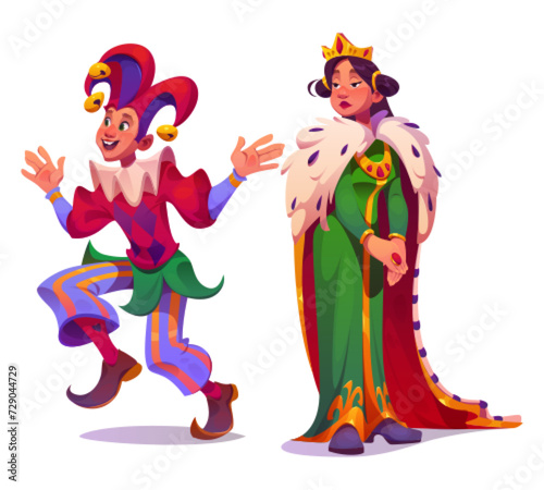Medieval people character cartoon vector set. Young woman queen or princess with crown in long dress and funny smiling male jester in clown costume. Ancient middle age history or fairytale person.