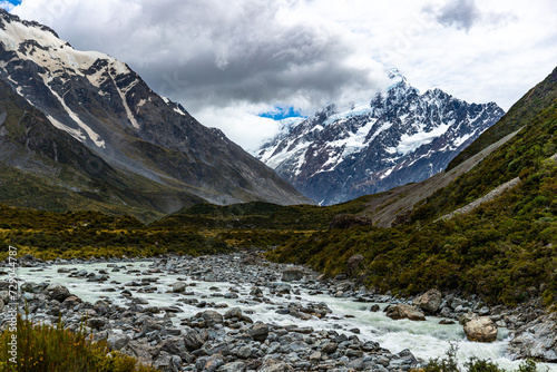 panorama of famous hooker valley trail from mount cook village to hooker lake, scenic hike in southern alps, canterbury, new zealand south island