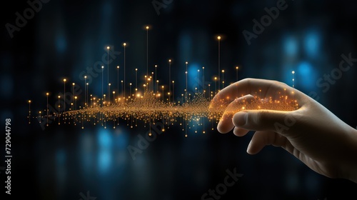 Close up of human hand touching with finger virtual panel with infographs photo