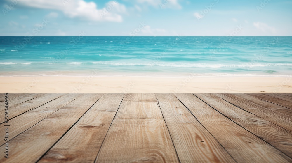 Wooden table adorns the tropical beach scene, complemented by the endless blue sky and sea. Wooden table adorns the tropical beach scene, complemented by the endless blue sky and sea.