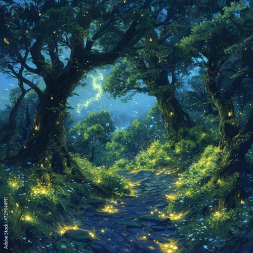Depict ancient, sprawling forests filled with magical creatures, glowing plants, and hidden portals to other worlds, emphasizing the mystery and wonder of nature. 