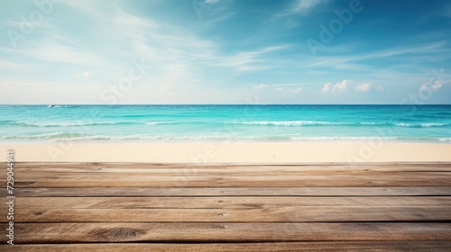 On a tropical beach  a rustic wooden table overlooks the azure sea against a backdrop of clear blue sky.