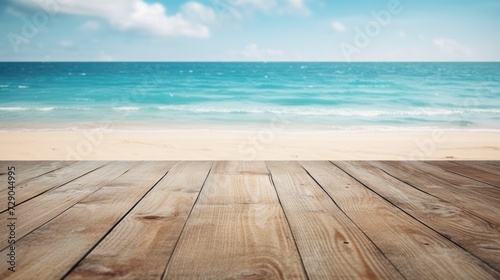 Wooden table adorns the tropical beach scene, complemented by the endless blue sky and sea.