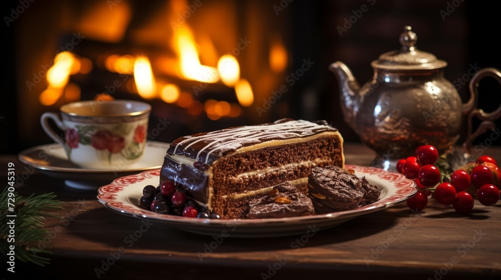 Sliced Yule log dessert, on an antique plate, with a backdrop of a cozy fireplace