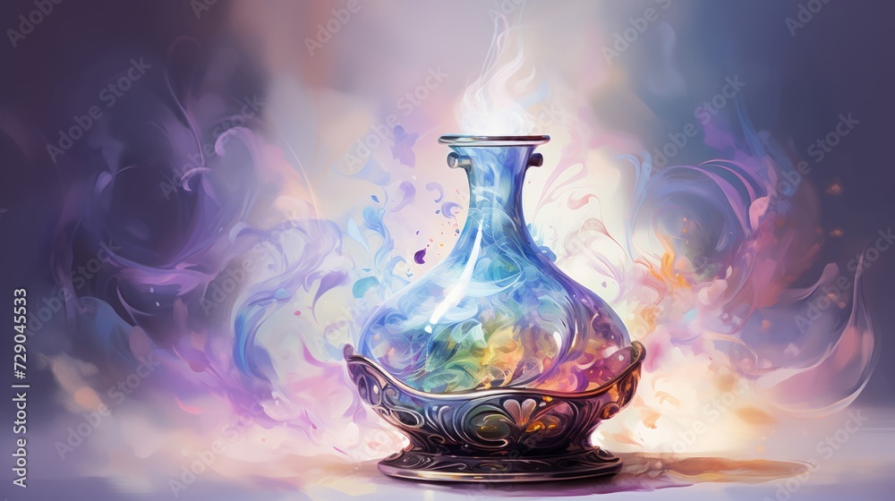 Enchanted oil lamp releasing delicate smoke, illustrated in vibrant watercolor on a neutral background Enchanted oil lamp releasing delicate smoke, illustrated in vibrant watercolor on a neutral background