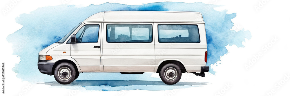 watercolor drawing Delivery white van with space for text on blue background, panoramic banner, pattern