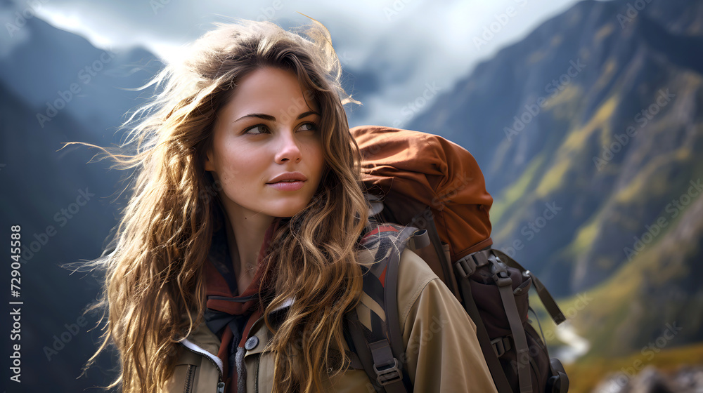beautiful young woman tourist with a backpack on a hike in the mountains. tourism and outdoor travel. beautiful young woman tourist with a backpack on a hike in the mountains. tourism and outdoor travel.