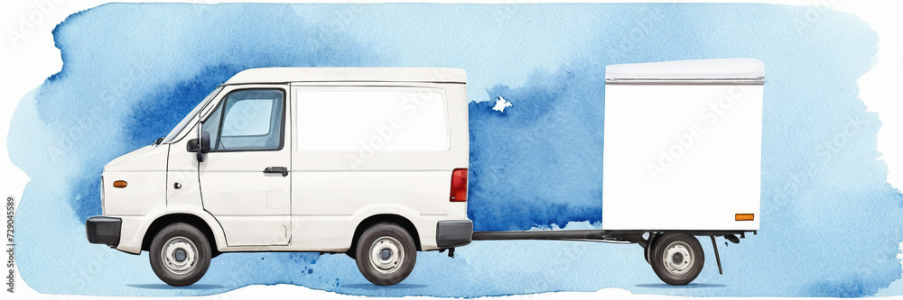 watercolor drawing Delivery white van with space for text on blue background, panoramic banner, pattern