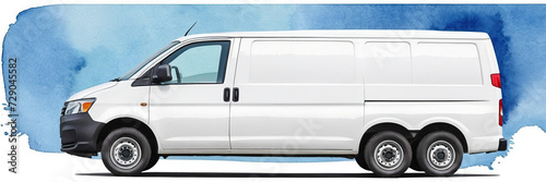 watercolor drawing Delivery white van with space for text on blue background, panoramic banner, pattern © Yuliya