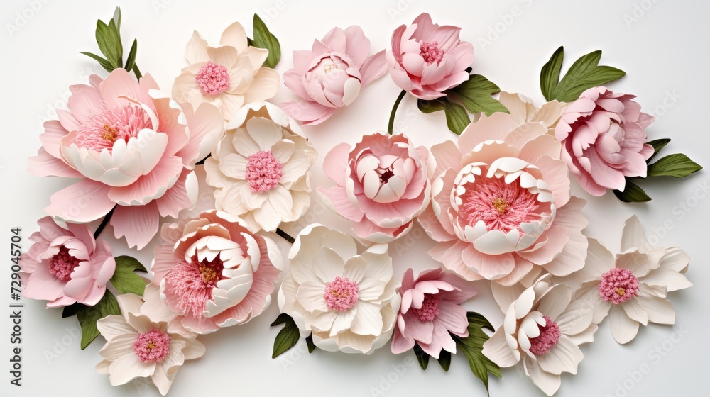 Scattered peonies with soft petals and leaves on a white background