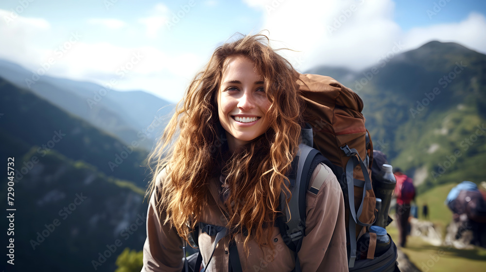 beautiful young woman tourist with a backpack on a hike in the mountains. tourism and outdoor travel.