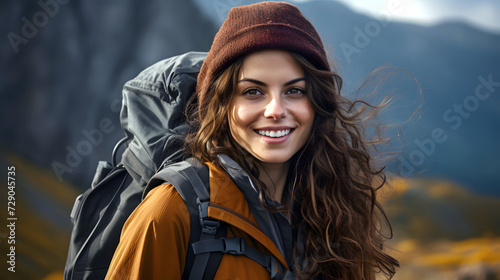beautiful young woman tourist with a backpack on a hike in the mountains. tourism and outdoor travel. © photosaint