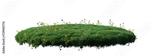 Round surface patch covered with flowers, green or dry grass isolated on white background. Realistic natural element for design. Bright 3d illustration.