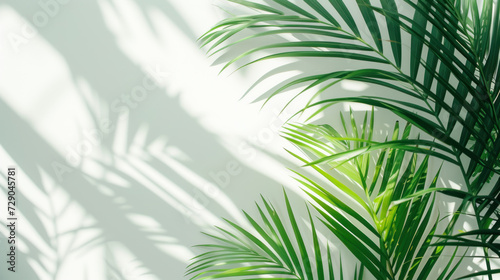 Top view of green tropical palm tree and shadow on white wall background  Minimal fashion summer holiday concept. Flat lay