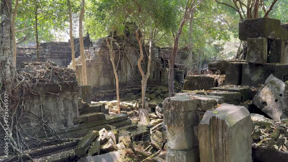 Panoramic shot of the chaotic ruins of an Angkor temple, with roots holding the last walls in place, showcasing nature’s hold. Panoramic shot of the chaotic ruins of an Angkor temple, with roots holding the last walls in place, showcasing nature’s hold.