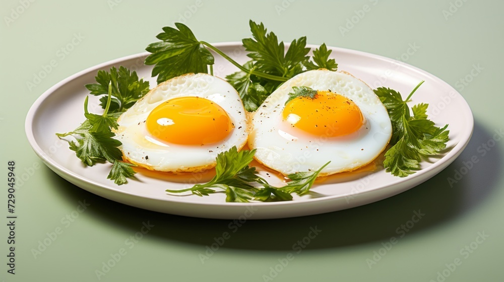 Halved eggs with vibrant yellow yolk and fresh green parsley leaves Halved eggs with vibrant yellow yolk and fresh green parsley leaves