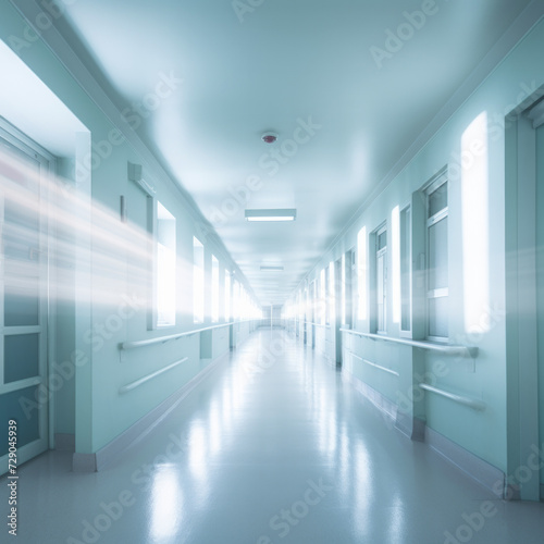 Soft focus image of hospital or clinic corridor with bright lights and streaming ethereal light at the end, very clean, no people, with copy space